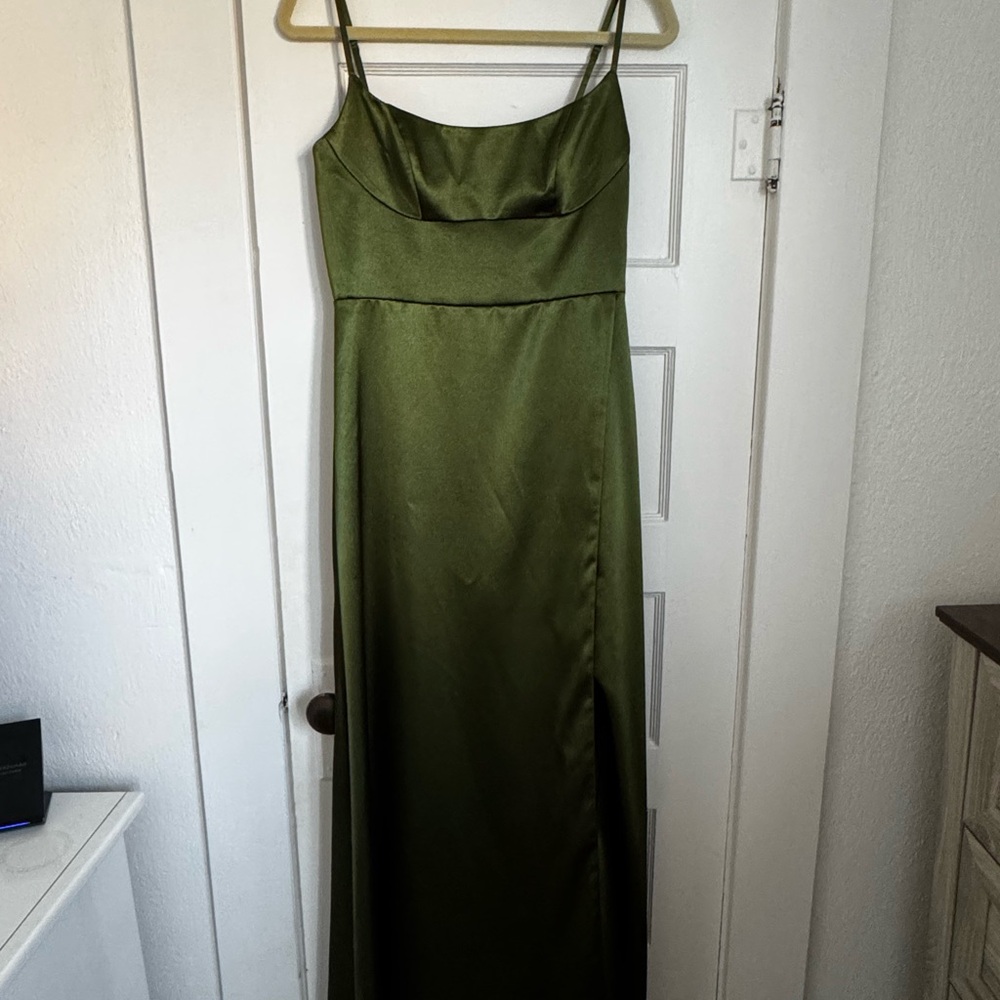 Azazie Olive Green Satin Maxi Dress